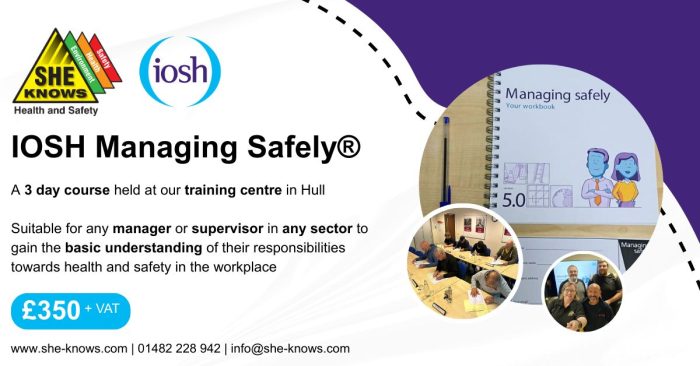 We still have a few spaces left on our upcoming IOSH Managing Safely course on the 14th - 16th July. If youre looking to boost your safety knowledge and feel more confident in your role, this is for you. Its practical, engaging, and genuinely useful- theres a reason why its so popular! 

Grab your spot before they fill up! 👇
☎️01482 228942
📧info@she-knows.com 

#IOSH #ManagingSafelyCourse #SafetyTraining #Upskill #HealthandSafetyTraining #HealthandSafety #safetytraininghull